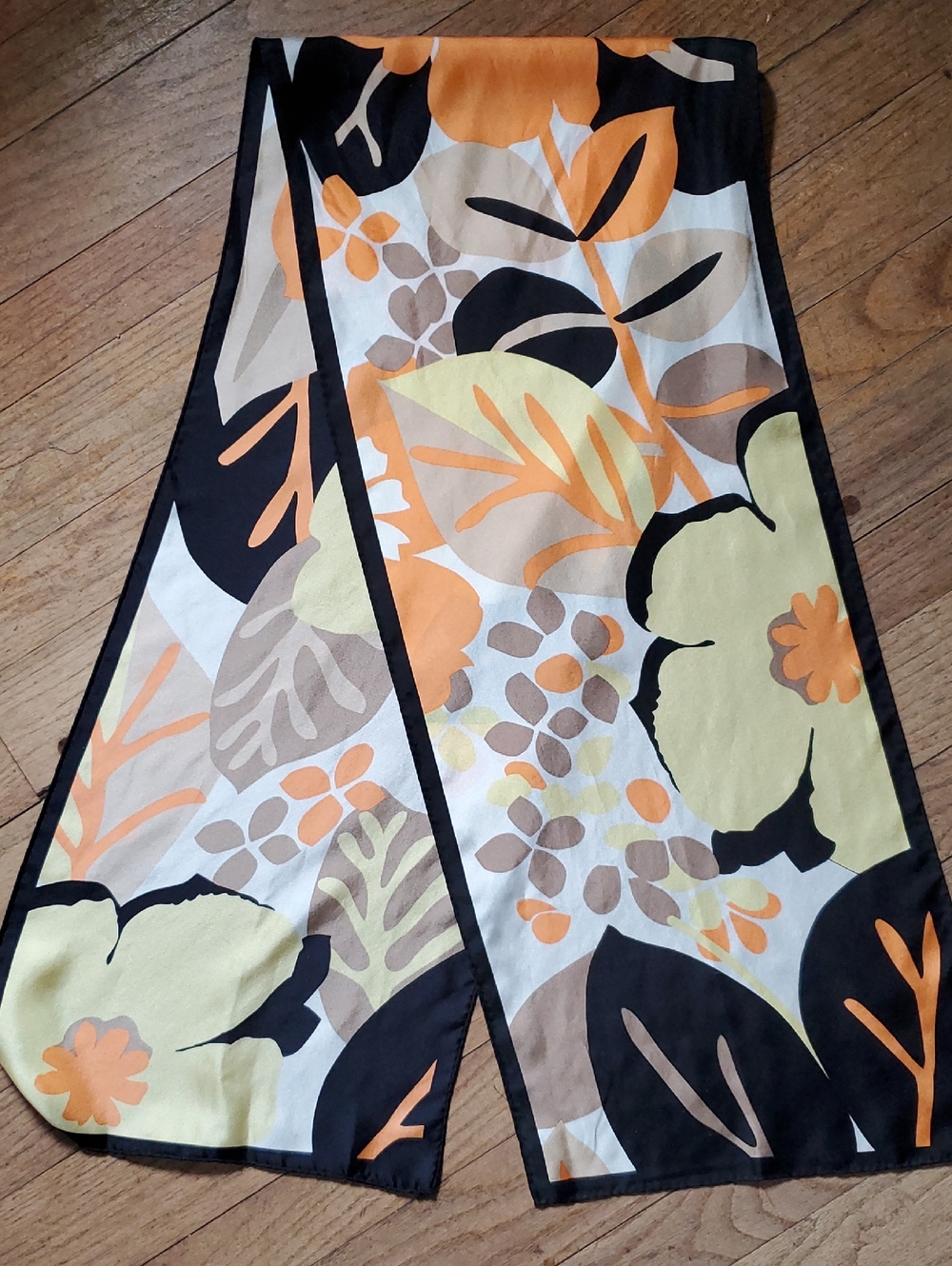 Womens Silky Scarf MOD FLORAL Yellow Orange Black Rectangle 12" X 57"